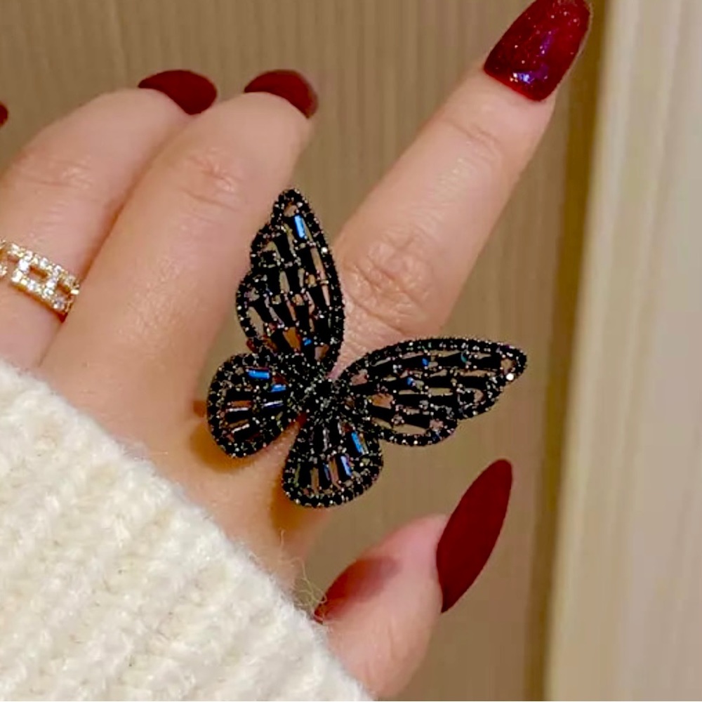 🆕 Iced Out Black Diamond 3D Butterfly Statement Ring NWT